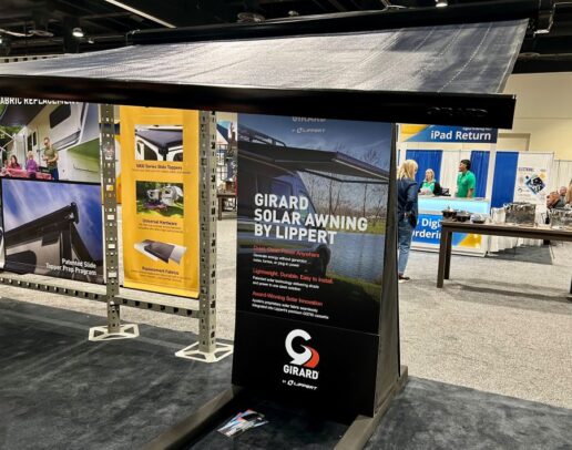 The Girard GG 750 awning by Lippert on display for the first time at the 2026 NTP-Stag Expo in Kissimmee, Florida.
