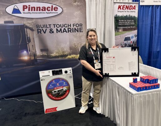 Pinnacle product designer Beverly Wirkler with the new washer and dryer installation kit.