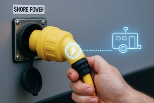 A stock image of a hand plugging an RV into shore power.