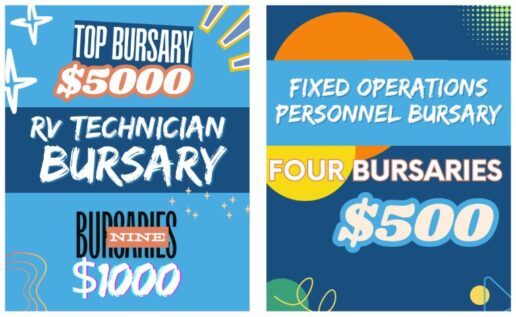 A graphic with information on two different RVDA of Canada RV Technicians Fixed Operations Personnel Bursaries.
