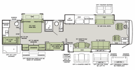 A floorplan for the Tiffin Allegro Bus 45BP.