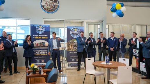 A photo from the grand opening celebration of Blue Compass RV's new flagship store in Fort Myers, Florida, Feb. 5, 2026.