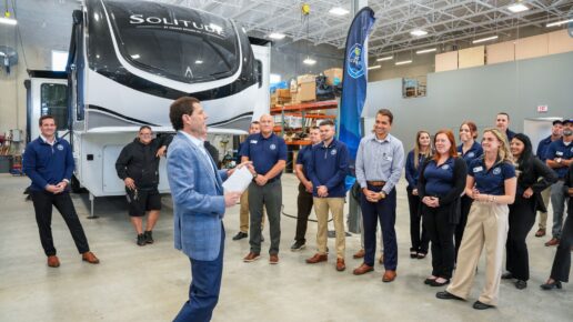 A photo from the grand opening celebration of Blue Compass RV's new flagship store in Fort Myers, Florida, Feb. 5, 2026.