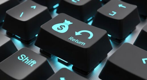 Stock image showing a keyboard key with a money bag and the word return. It indicates electronic returns or monetary transactions.