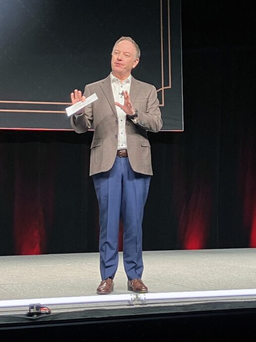 Winnebago Industries President and CEO Mike Happe addressed attendees of the 2026 Newmar Dealers Meeting.