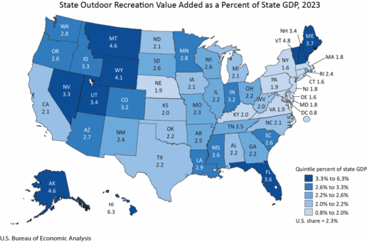 A map showing outdoor recreation GDP by state in the U.S.