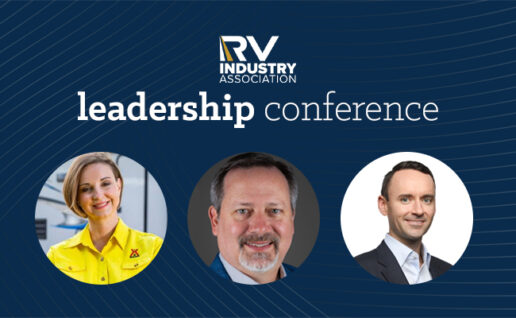 A graphic image of the scheduled speakers for the 2026 RVIA Leadership Conference.