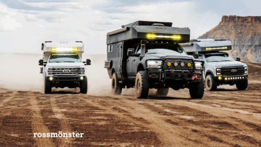 A photo of three different Rossmonster adventure vans on dirt terrain.