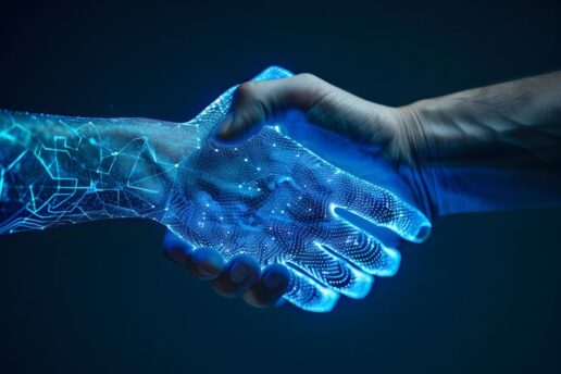 Stock image of a computer-generated hand shaking hands with a human hand.