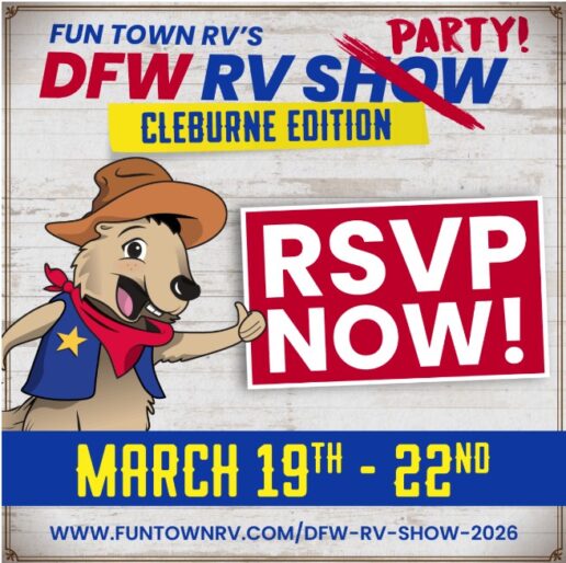 A picture of a poster with the dates of Fun Town RV's Dallas-Fort Worth RV Party.