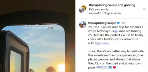 Go RVing partnered with online influencers Nick & Madison Hearn (@thecapturingcouple): Go RVing partnered with the Hearns, a US-based travel couple focused on adventure and luxury travel. This is a screenshot of the couple's first post.