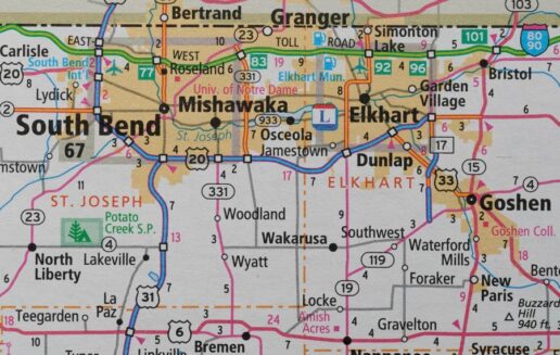 A stock photo of a map showing roads and highways in the Elkhart/South Bend, Indiana area.