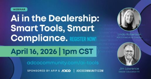 The Association of Dealership Compliance Officers is holding a webinar on AI governance in RV dealerships on April 16.