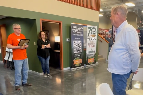 Last week, Good Life RV Administrative Assistant Desma Chambers organized a company-wide surprise celebration for Mitch Young, who is celebrating 40 years at the dealership.