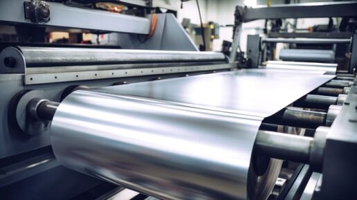A stock photo of rolled aluminum sheeting being manufactured.