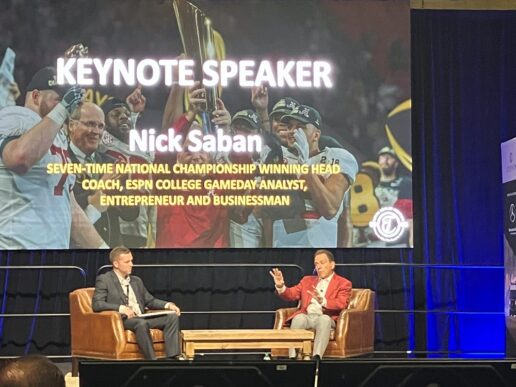 (L to R) Tiffin Marketing Director Austin Kelley talks with former University of Alabama football coach Nick Saban to close out Friday’s agenda.