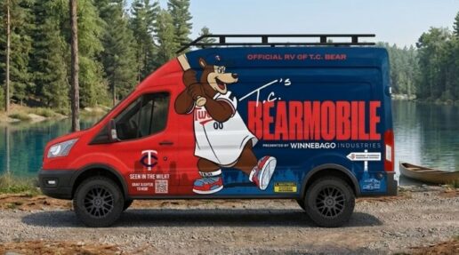 Winnebago Industries and The Minnesota Twins are teaming up for the third year. As part of the partnership, Twins mascot T.C. Bear will be driving around the upper midwest in a custom-wrapped Grand Design Lineage Series VT Type B motorhome dubbed the Bearmobile.